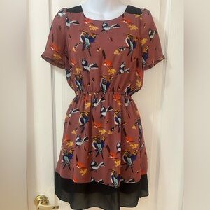 Bird Print Dress with Black Trim